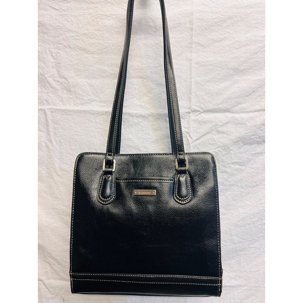 Liz Claiborne Black Leather Shoulder Bag Red Interior Pockets Shoulder Strap 28”